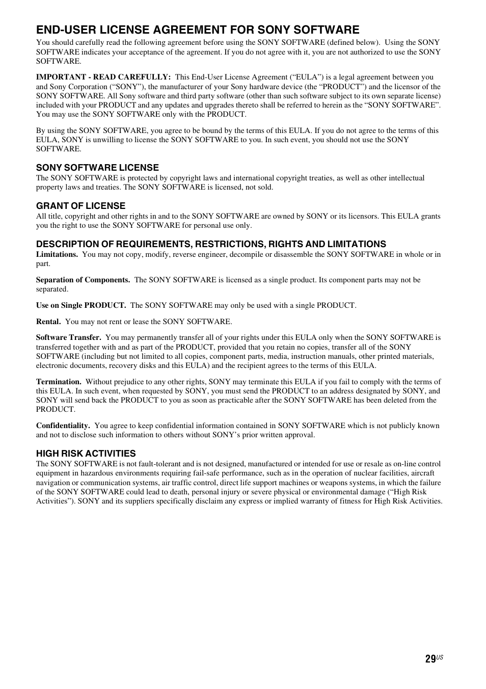 End-user license agreement for sony software | Sony RDP-XA700iPN User Manual | Page 33 / 100