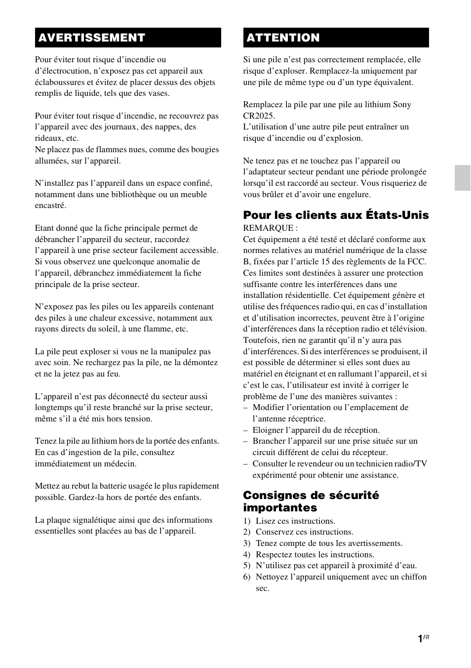 Pour les clients aux états-unis, Consignes de sécurité importantes, Avertissement attention | Sony RDP-XA700iPN User Manual | Page 35 / 100