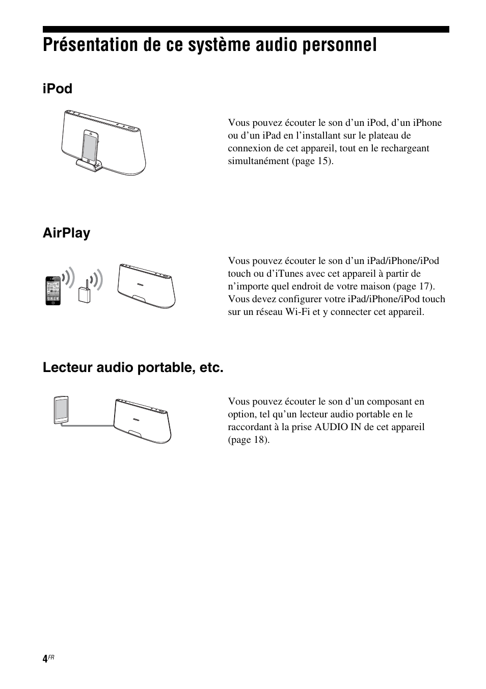 Présentation de ce système audio personnel, Présentation de ce système audio personnel 4, Ipod | Airplay, Lecteur audio portable, etc | Sony RDP-XA700iPN User Manual | Page 38 / 100