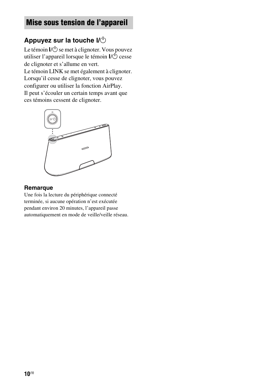 Mise sous tension de l’appareil | Sony RDP-XA700iPN User Manual | Page 44 / 100