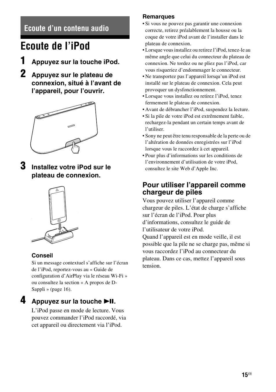Ecoute d’un contenu audio, Ecoute de l’ipod, Ecoute de l’ipod 1 | Sony RDP-XA700iPN User Manual | Page 49 / 100