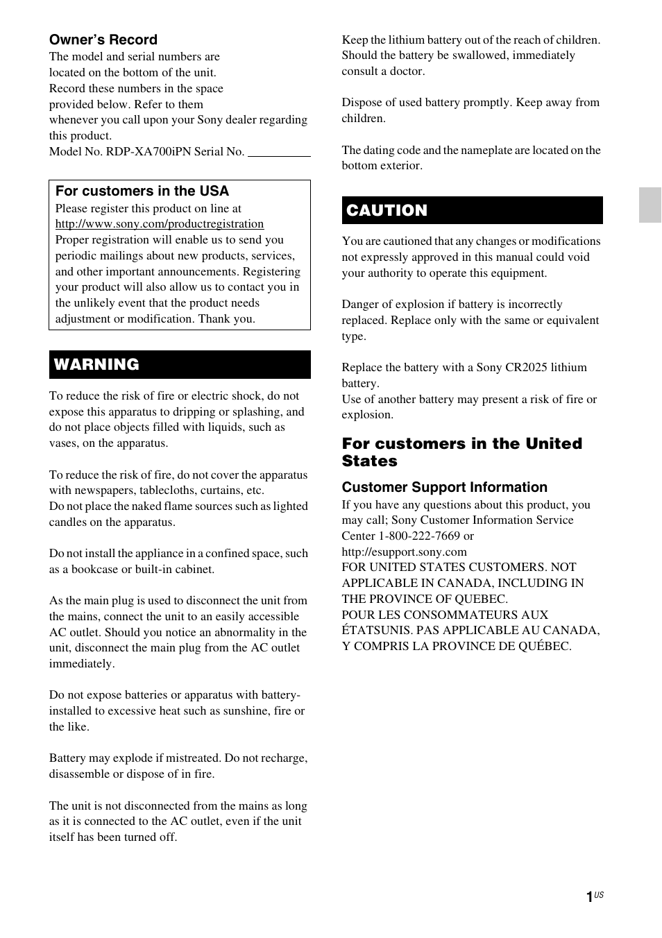 For customers in the united states, Warning caution | Sony RDP-XA700iPN User Manual | Page 5 / 100