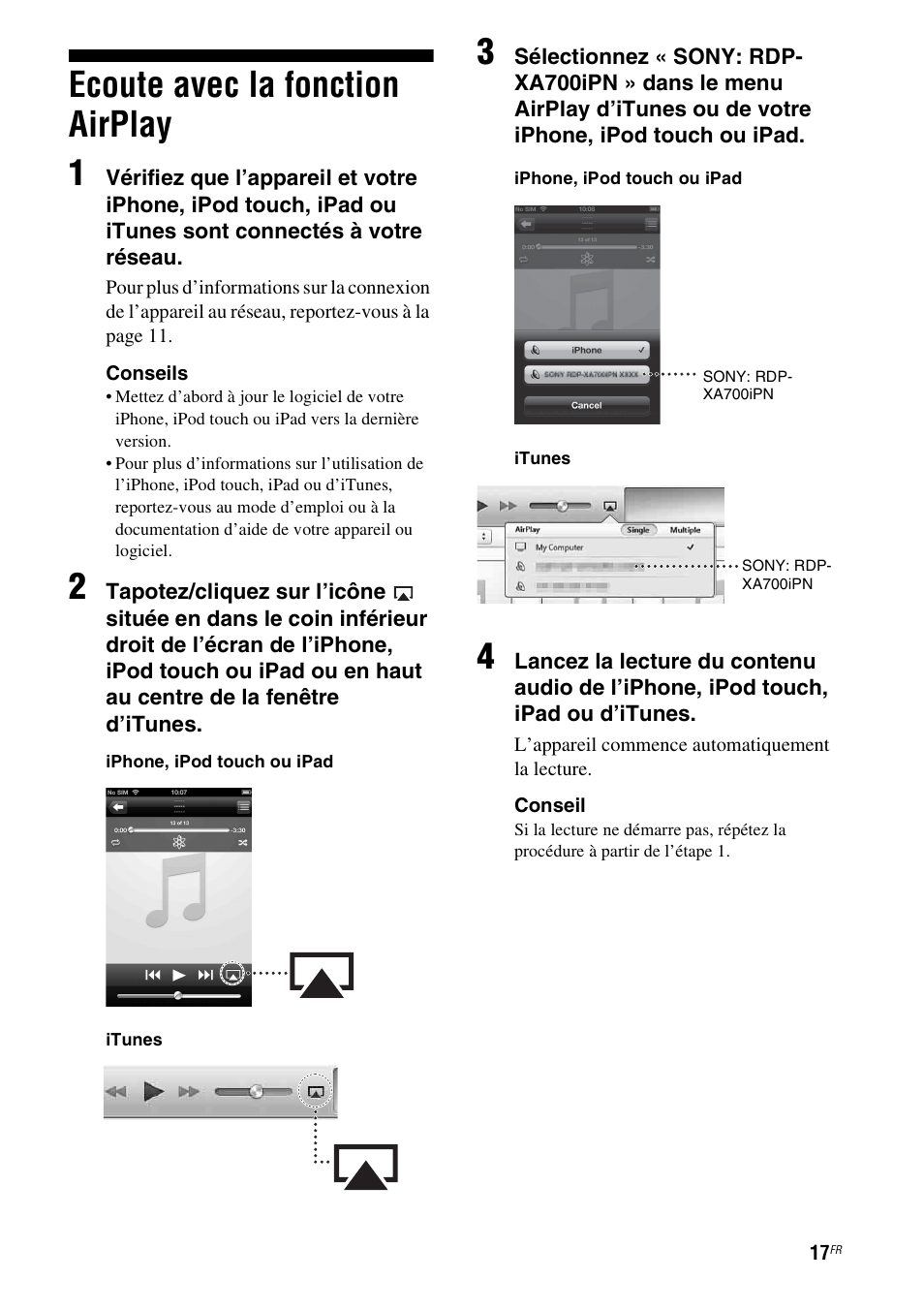 Ecoute avec la fonction airplay, Ecoute avec la fonction airplay 1 | Sony RDP-XA700iPN User Manual | Page 51 / 100