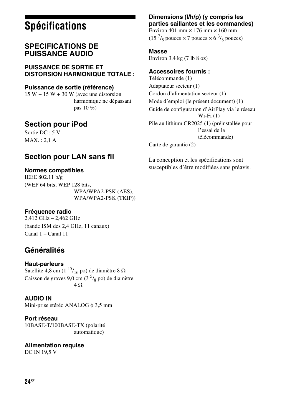 Spécifications, Specifications de puissance audio, Généralités | Sony RDP-XA700iPN User Manual | Page 58 / 100