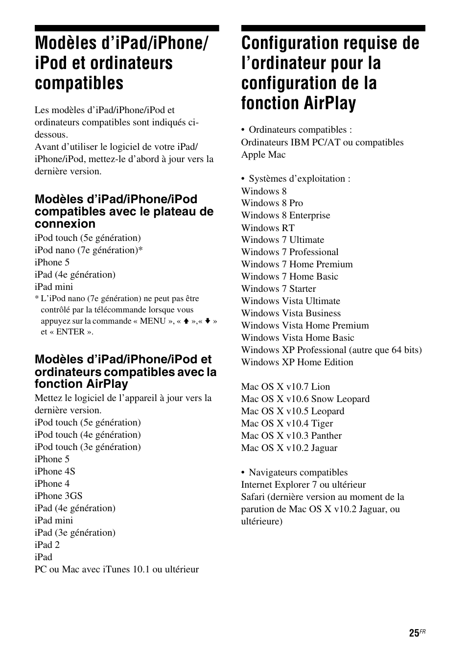 Modèles d’ipad/iphone/ipod et ordinateurs, Compatibles, Configuration requise de l’ordinateur pour | La configuration de la fonction airplay | Sony RDP-XA700iPN User Manual | Page 59 / 100