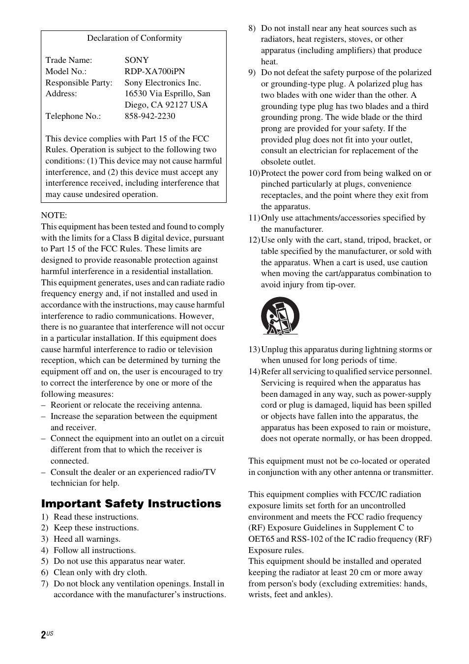Important safety instructions | Sony RDP-XA700iPN User Manual | Page 6 / 100