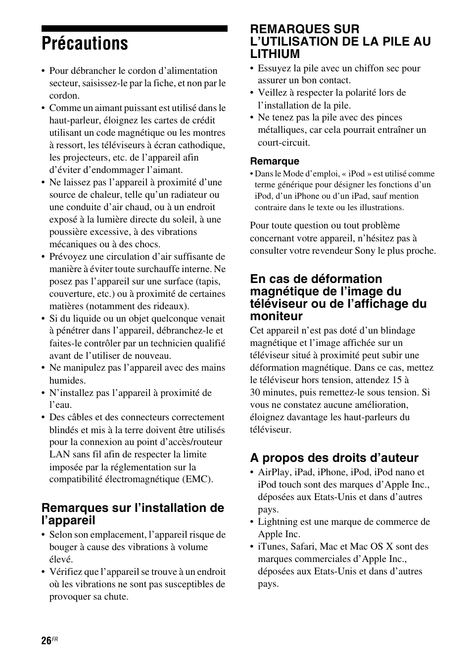 Précautions, Remarques sur l’installation de l’appareil, Remarques sur l’utilisation de la pile au lithium | A propos des droits d’auteur | Sony RDP-XA700iPN User Manual | Page 60 / 100