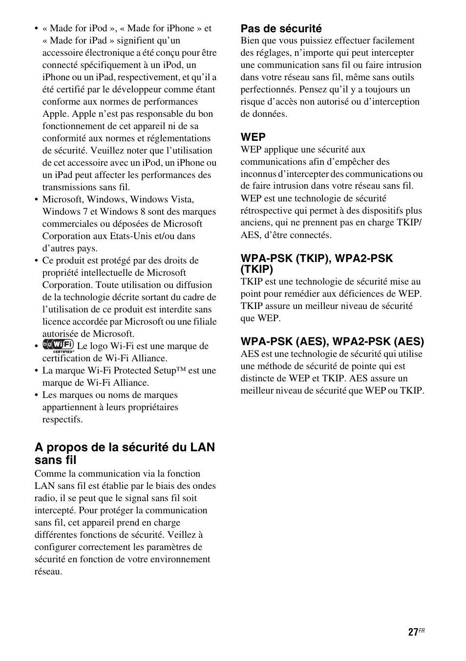 A propos de la sécurité du lan sans fil | Sony RDP-XA700iPN User Manual | Page 61 / 100