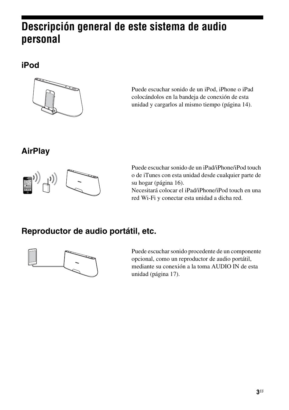 Descripción general de este sistema de, Audio personal, Ipod | Airplay, Reproductor de audio portátil, etc | Sony RDP-XA700iPN User Manual | Page 67 / 100