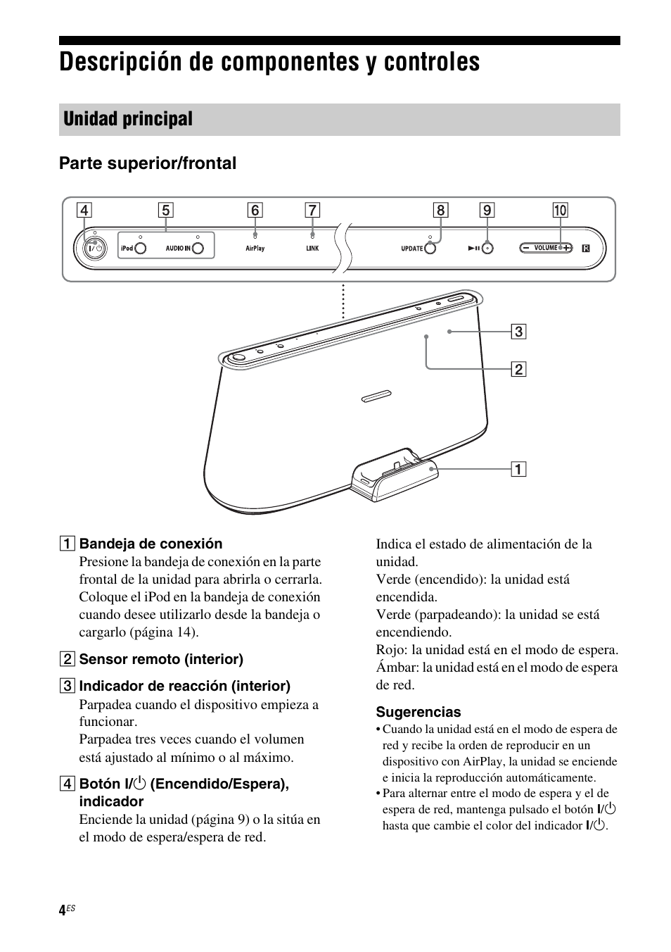 Descripción de componentes y controles, Unidad principal, Parte superior/frontal | Sony RDP-XA700iPN User Manual | Page 68 / 100