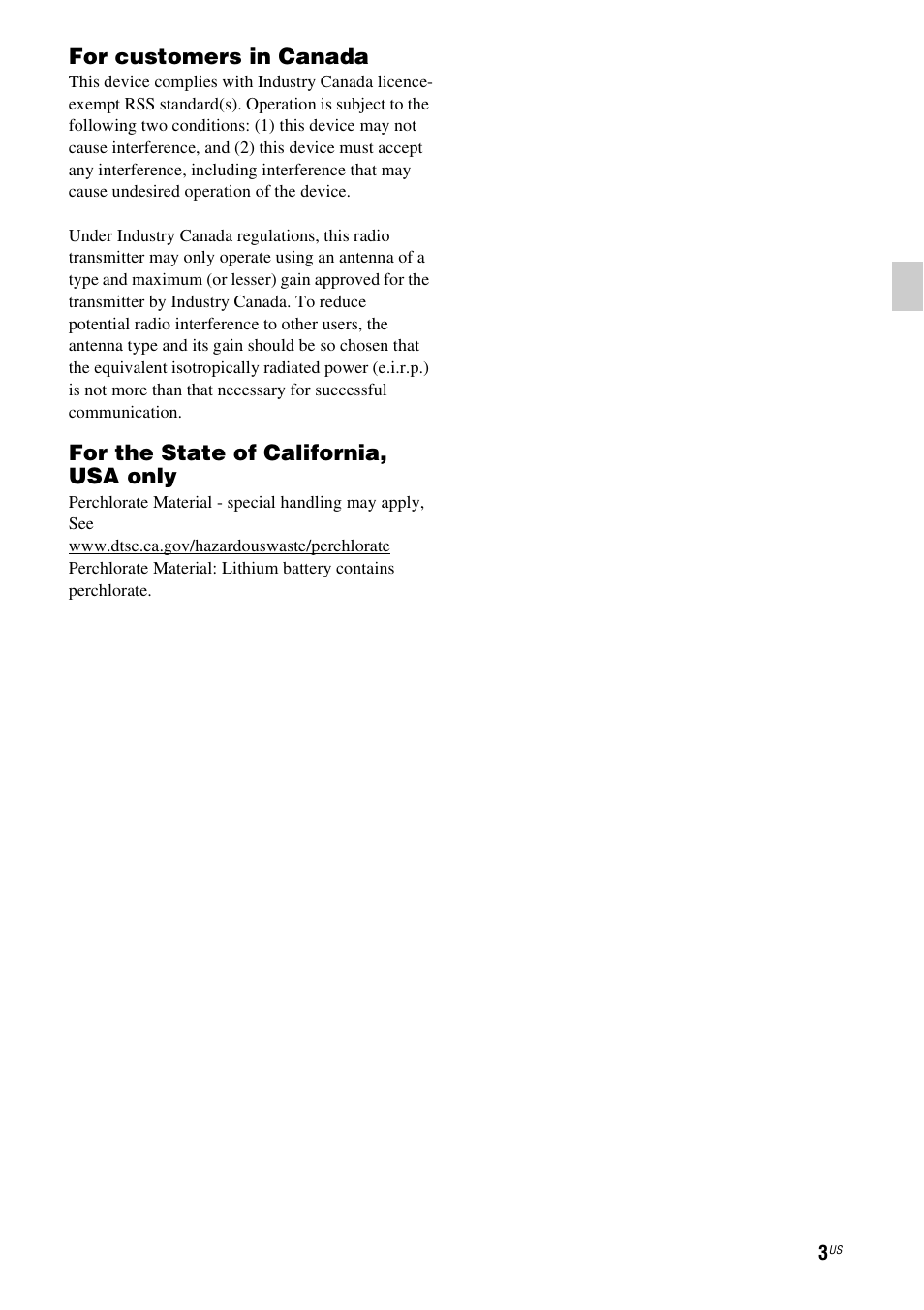 For customers in canada, For the state of california, usa only | Sony RDP-XA700iPN User Manual | Page 7 / 100