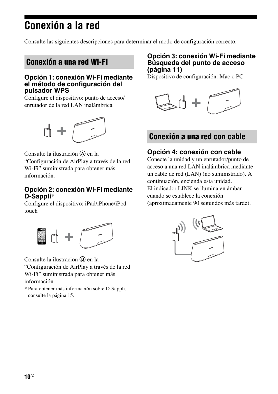 Conexión a la red, Conexión a una red wi-fi, Conexión a una red con cable | Sony RDP-XA700iPN User Manual | Page 74 / 100