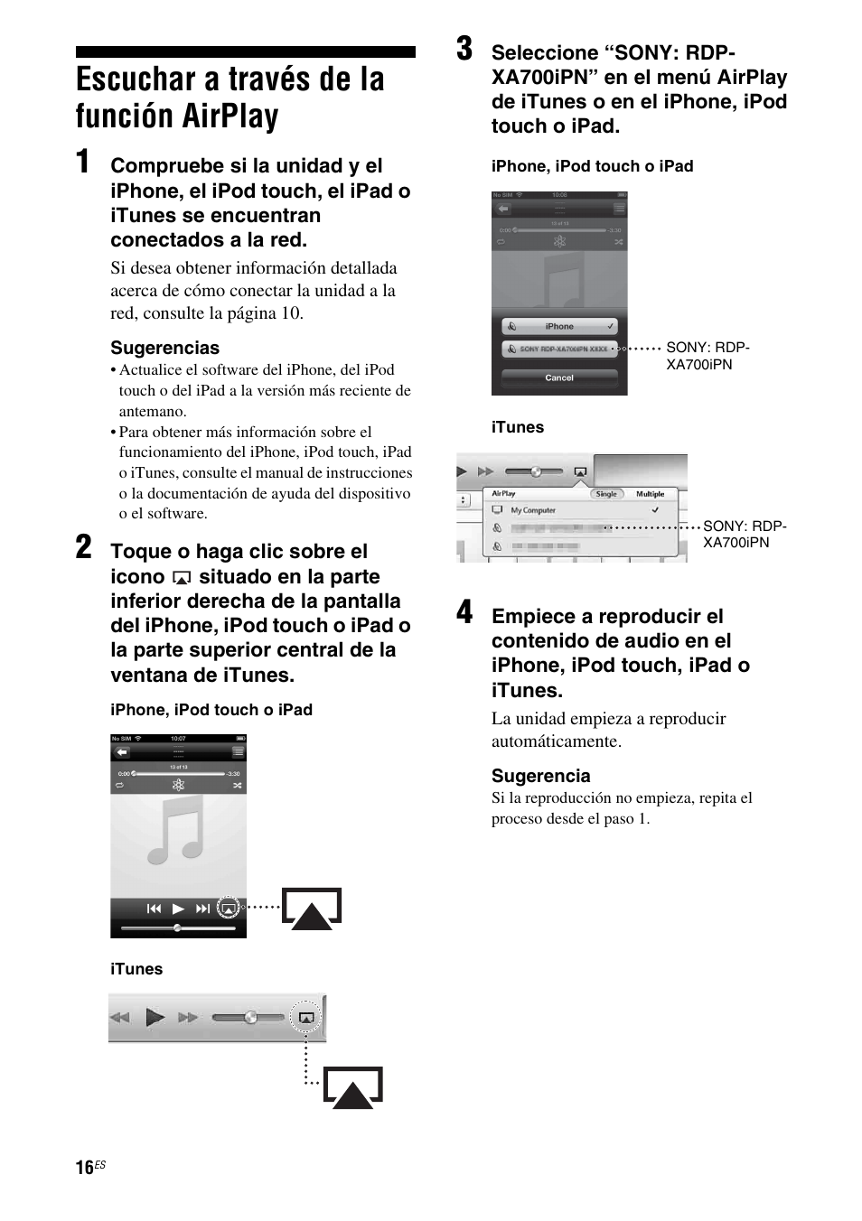 Escuchar a través de la función airplay, Escuchar a través de la función airplay 1 | Sony RDP-XA700iPN User Manual | Page 80 / 100