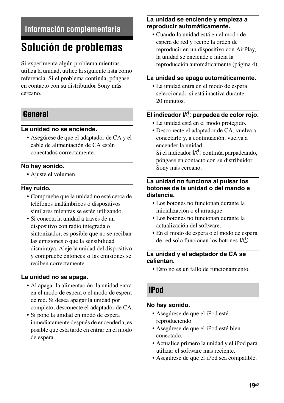 Información complementaria, Solución de problemas, Información complementaria general ipod | Sony RDP-XA700iPN User Manual | Page 83 / 100