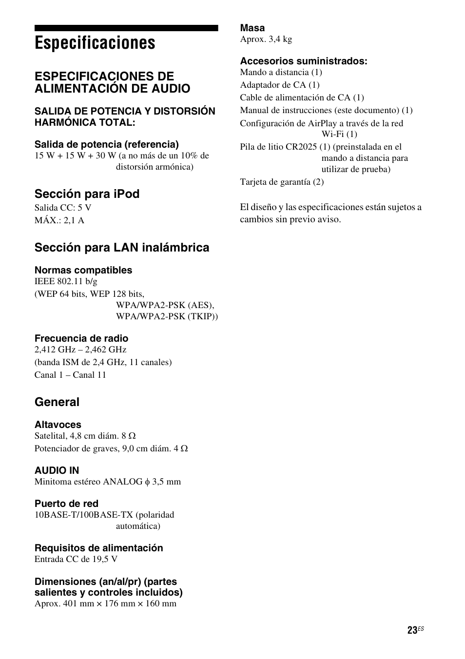 Especificaciones, Especificaciones de alimentación de audio, Sección para ipod | Sección para lan inalámbrica, General | Sony RDP-XA700iPN User Manual | Page 87 / 100