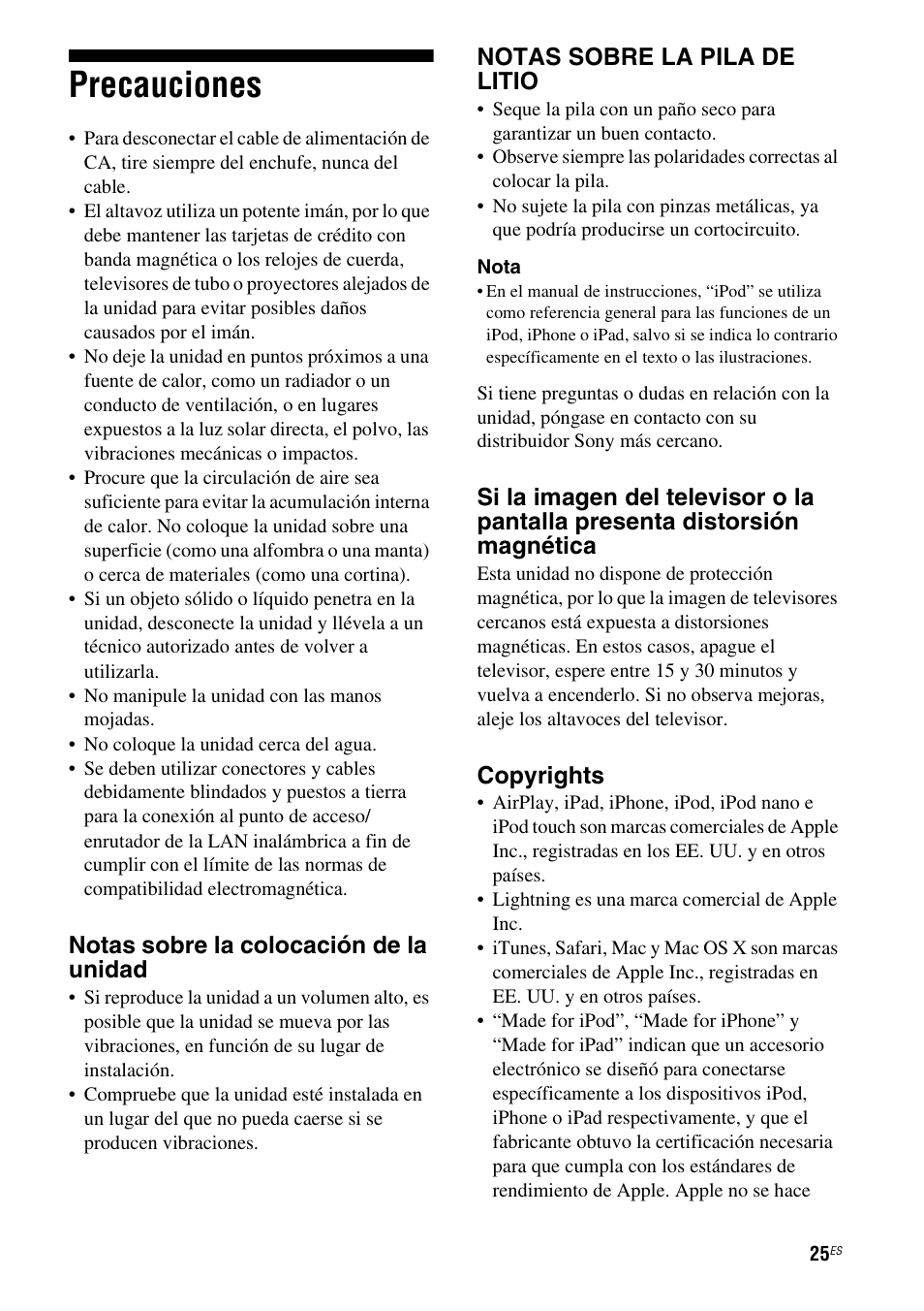 Precauciones, Notas sobre la colocación de la unidad, Notas sobre la pila de litio | Copyrights | Sony RDP-XA700iPN User Manual | Page 89 / 100