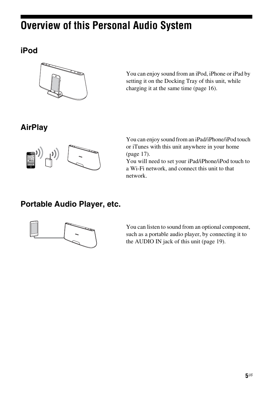Overview of this personal audio system, Ipod, Airplay | Portable audio player, etc | Sony RDP-XA700iPN User Manual | Page 9 / 100