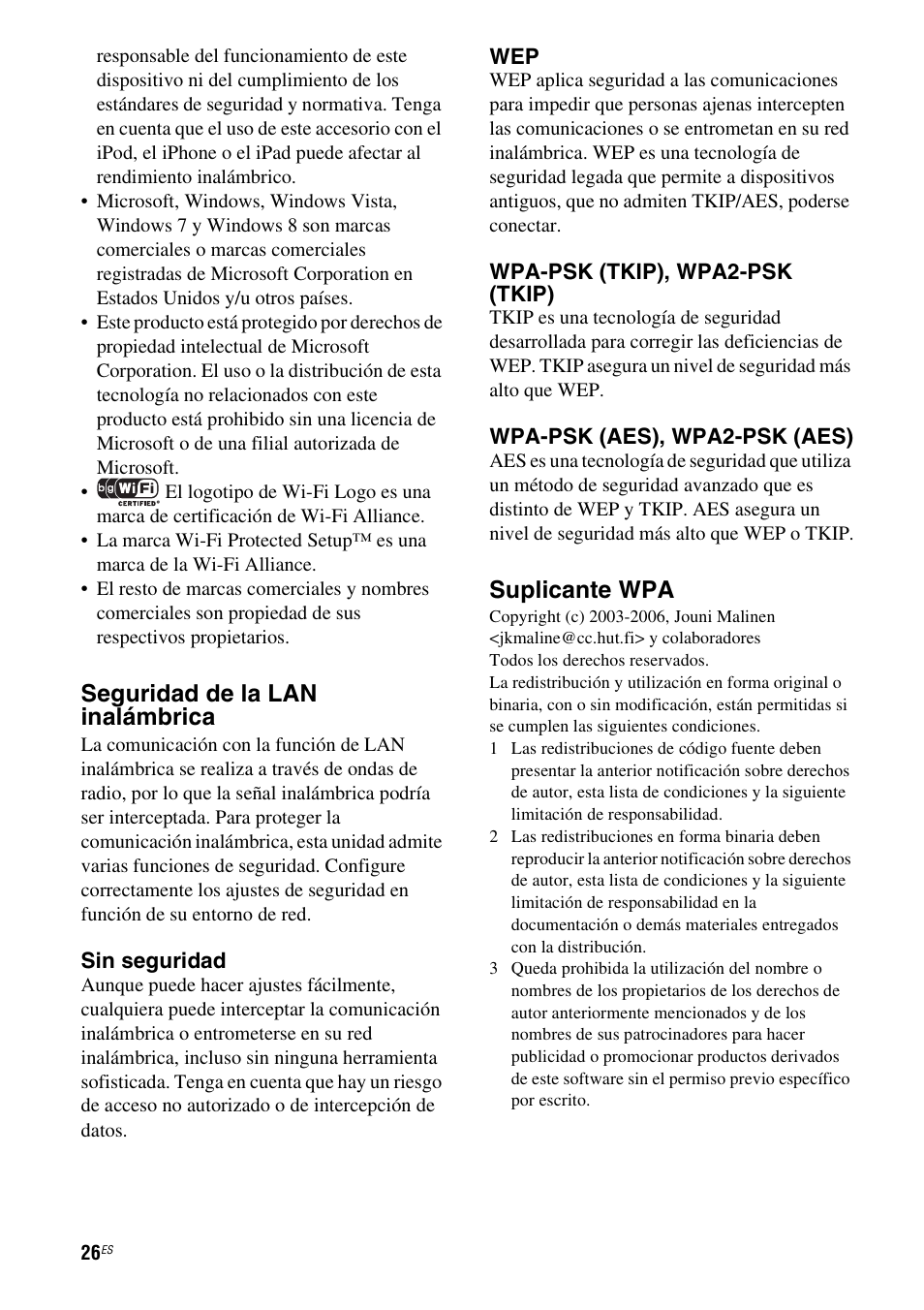Seguridad de la lan inalámbrica, Suplicante wpa | Sony RDP-XA700iPN User Manual | Page 90 / 100