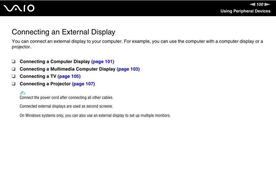 Connecting an external display | Sony VGN-AR170GU1 User Manual | Page 100 / 210