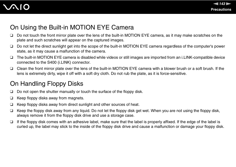 On using the built-in motion eye camera, On handling floppy disks | Sony VGN-AR170GU1 User Manual | Page 143 / 210