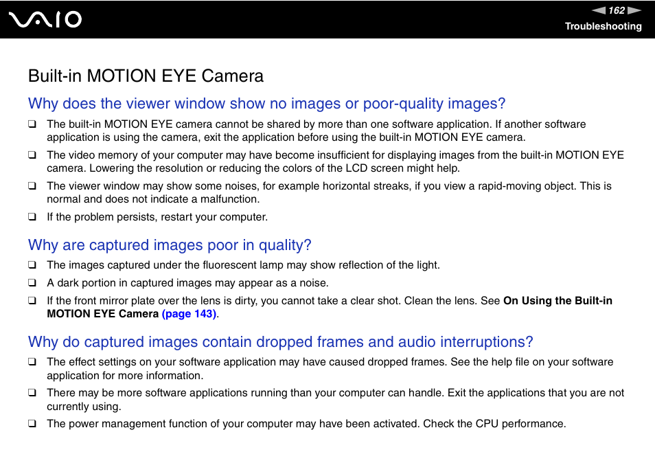 Built-in motion eye camera, Why are captured images poor in quality | Sony VGN-AR170GU1 User Manual | Page 162 / 210