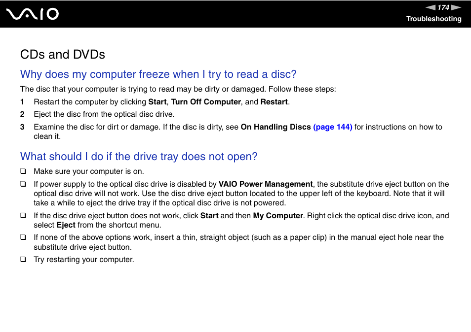 Cds and dvds, What should i do if the drive tray does not open | Sony VGN-AR170GU1 User Manual | Page 174 / 210