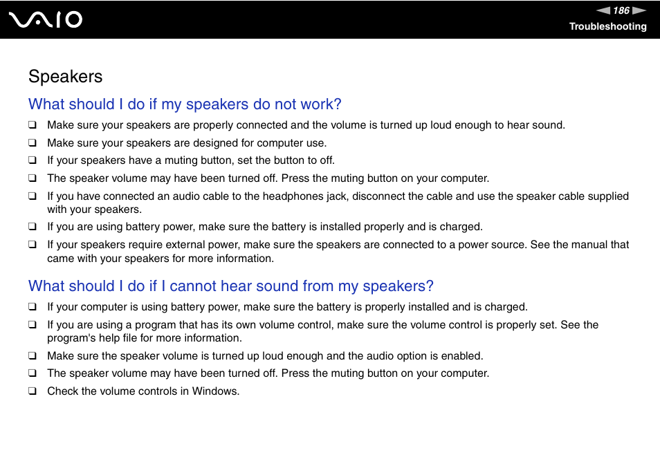 Speakers, What should i do if my speakers do not work | Sony VGN-AR170GU1 User Manual | Page 186 / 210