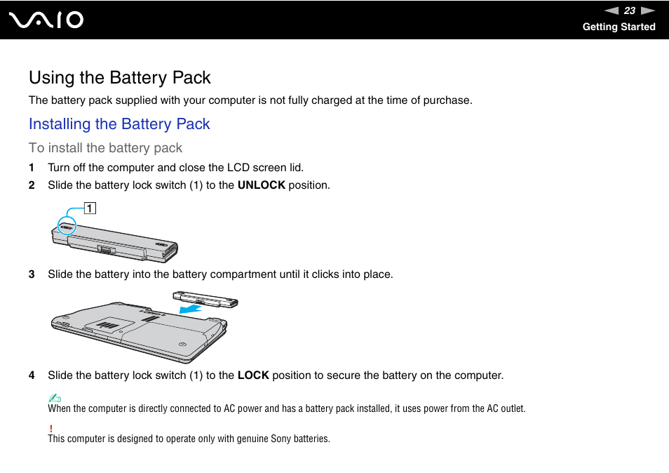 Using the battery pack, Installing the battery pack | Sony VGN-AR170GU1 User Manual | Page 23 / 210