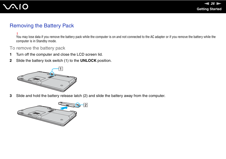 Removing the battery pack | Sony VGN-AR170GU1 User Manual | Page 26 / 210