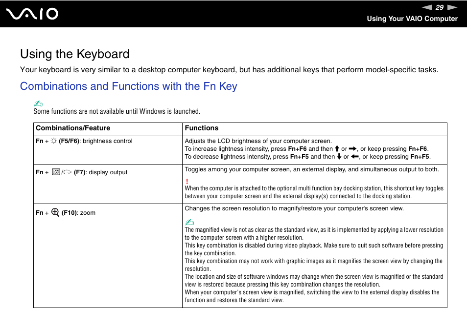 Using the keyboard, Combinations and functions with the fn key | Sony VGN-AR170GU1 User Manual | Page 29 / 210