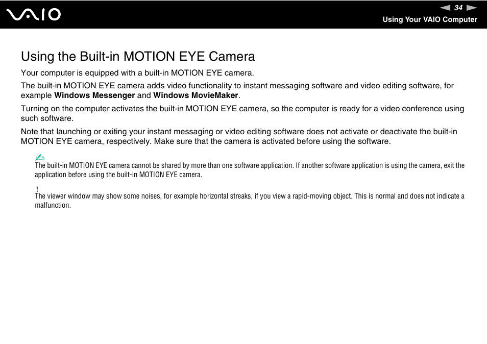 Using the built-in motion eye camera | Sony VGN-AR170GU1 User Manual | Page 34 / 210