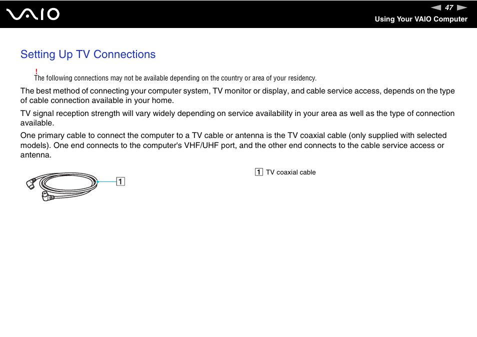 Setting up tv connections | Sony VGN-AR170GU1 User Manual | Page 47 / 210