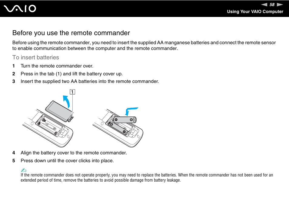 Before you use the remote commander | Sony VGN-AR170GU1 User Manual | Page 58 / 210