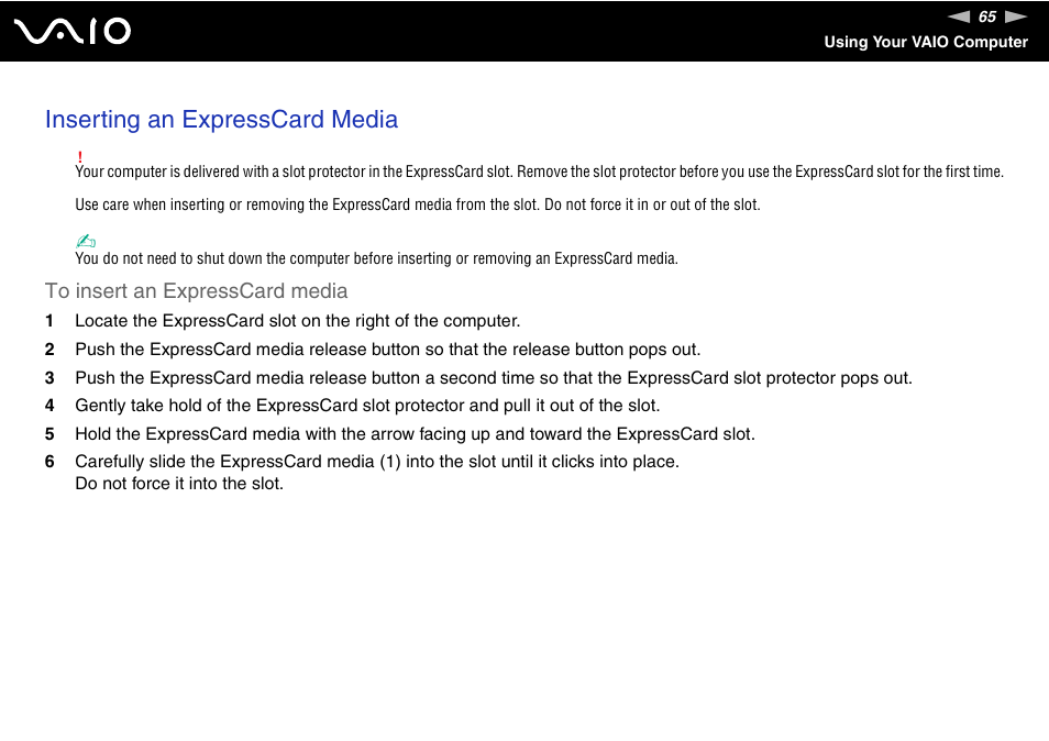 Inserting an expresscard media | Sony VGN-AR170GU1 User Manual | Page 65 / 210