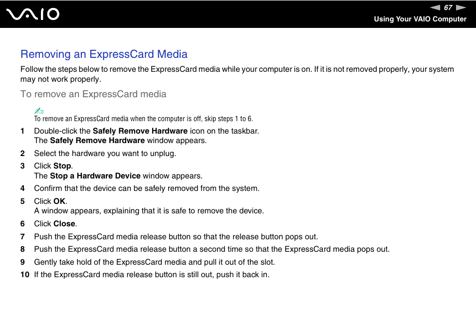 Removing an expresscard media | Sony VGN-AR170GU1 User Manual | Page 67 / 210