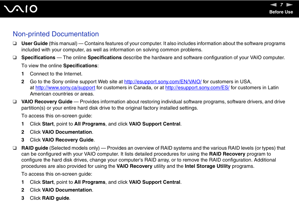 Non-printed documentation | Sony VGN-AR170GU1 User Manual | Page 7 / 210