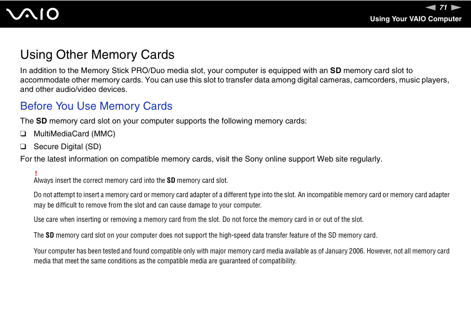 Using other memory cards | Sony VGN-AR170GU1 User Manual | Page 71 / 210