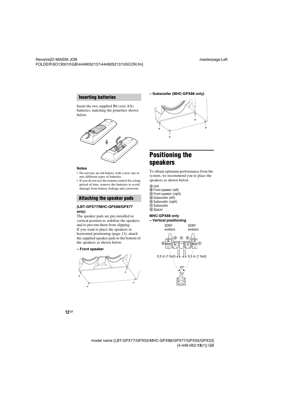 Positioning the speakers | Sony LBT-GPX55 User Manual | Page 12 / 44