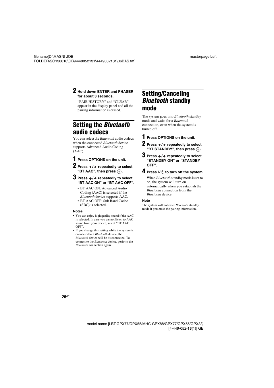 Setting the bluetooth audio codecs, Setting/canceling bluetooth standby mode, Setting the | Setting/canceling | Sony LBT-GPX55 User Manual | Page 26 / 44