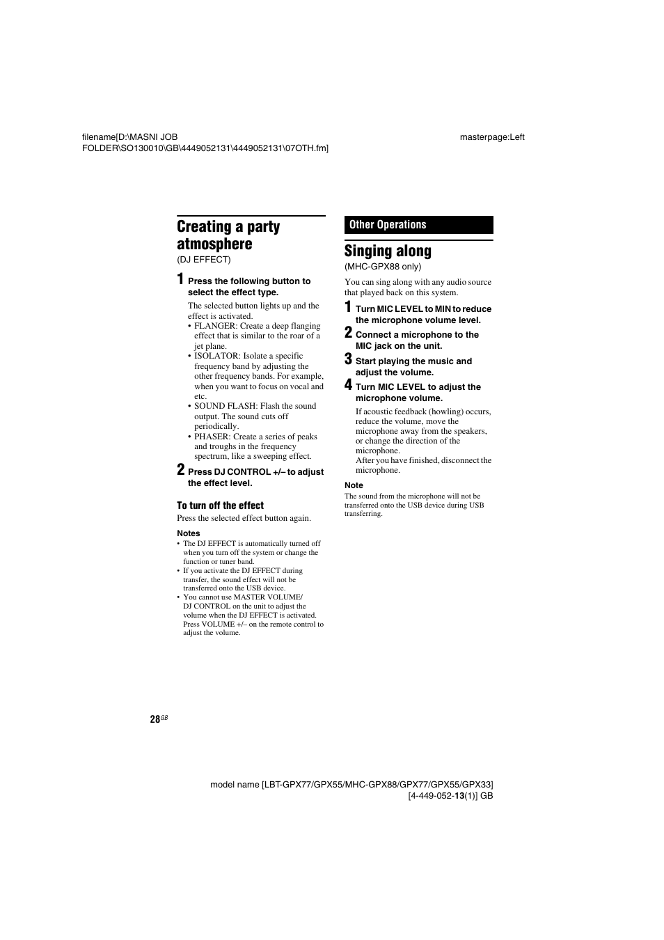 Creating a party atmosphere, Dj effect), Other operations | Singing along | Sony LBT-GPX55 User Manual | Page 28 / 44