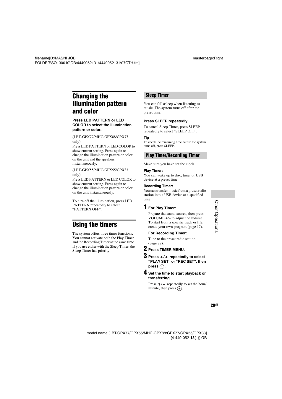 Changing the illumination pattern and color, Using the timers | Sony LBT-GPX55 User Manual | Page 29 / 44