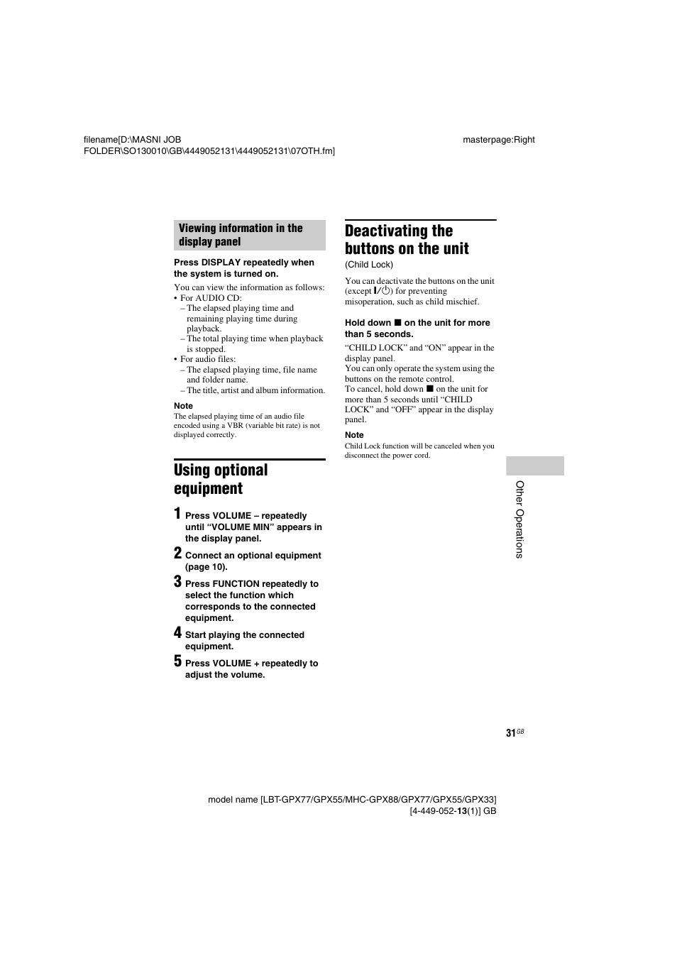 Using optional equipment, Deactivating the buttons on the unit, Child lock) | Deactivating the buttons on the unit (child lock), Using optional equipment 1 | Sony LBT-GPX55 User Manual | Page 31 / 44