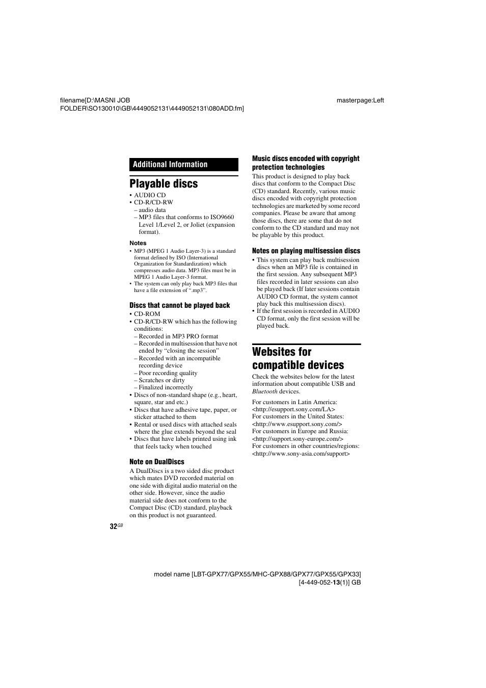 Additional information, Playable discs, Websites for compatible devices | Sony LBT-GPX55 User Manual | Page 32 / 44