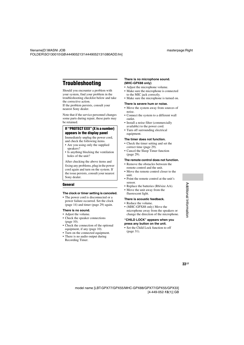 Troubleshooting | Sony LBT-GPX55 User Manual | Page 33 / 44