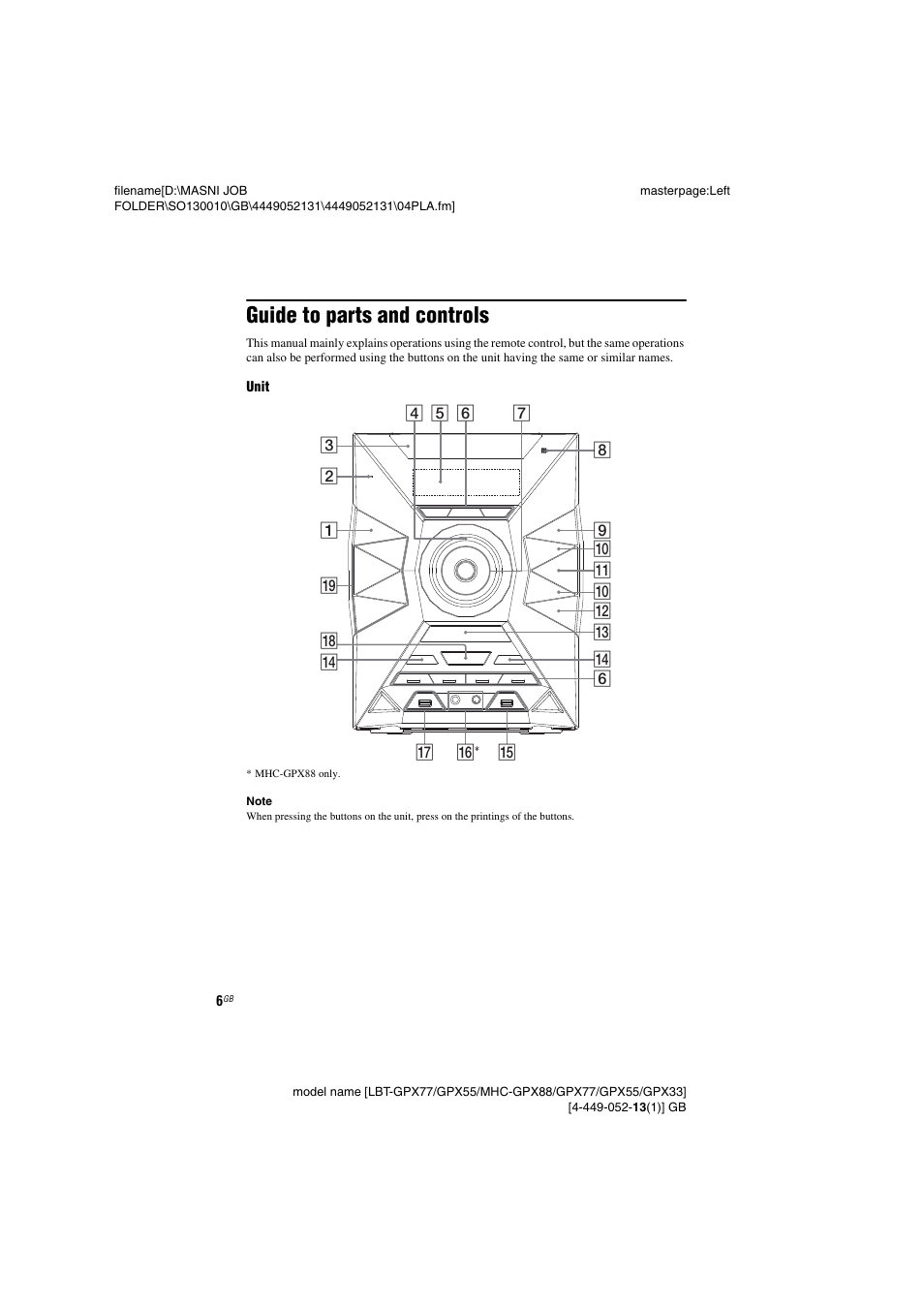 Guide to parts and controls | Sony LBT-GPX55 User Manual | Page 6 / 44