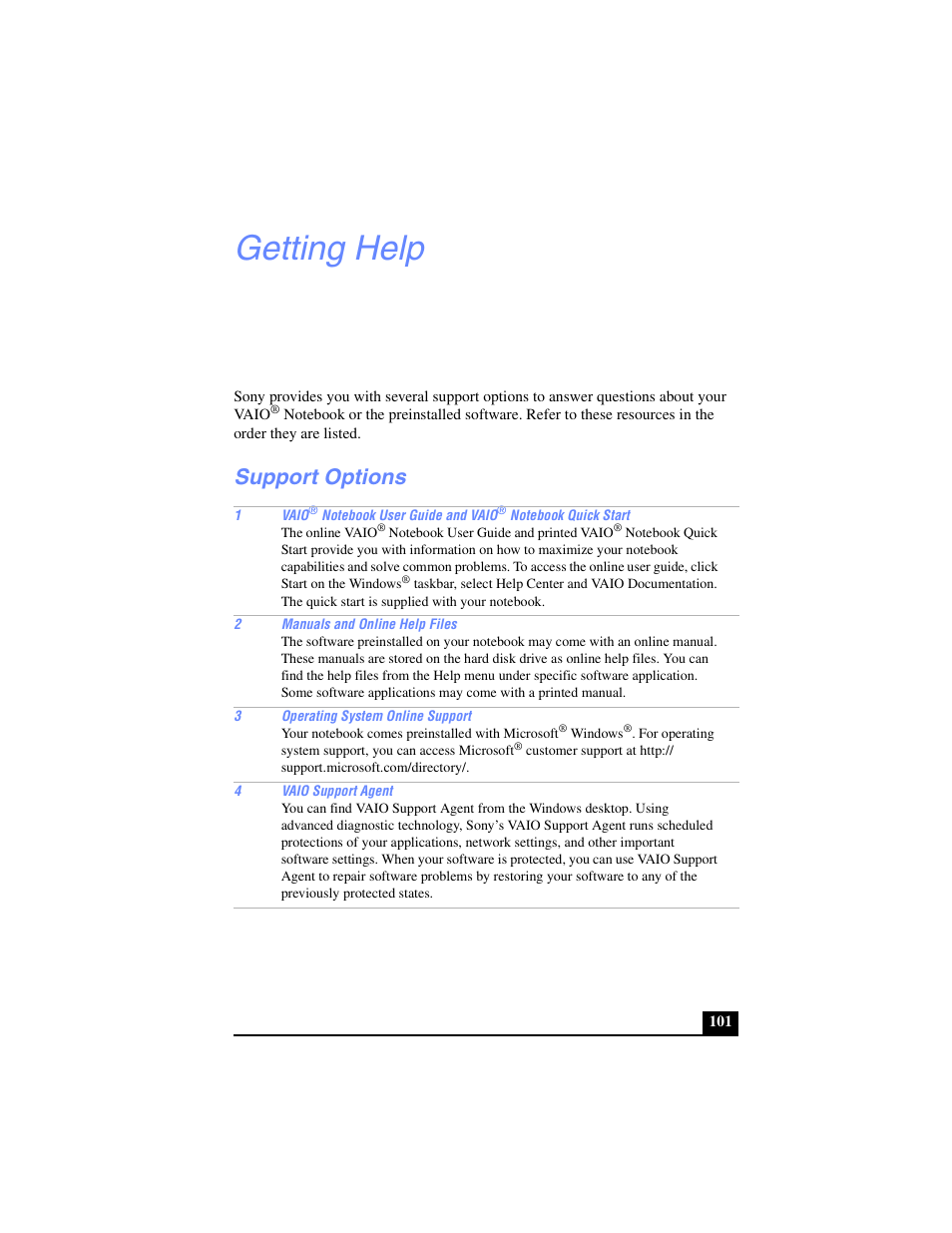 Getting help, Support options | Sony PCG-FX240K User Manual | Page 101 / 138