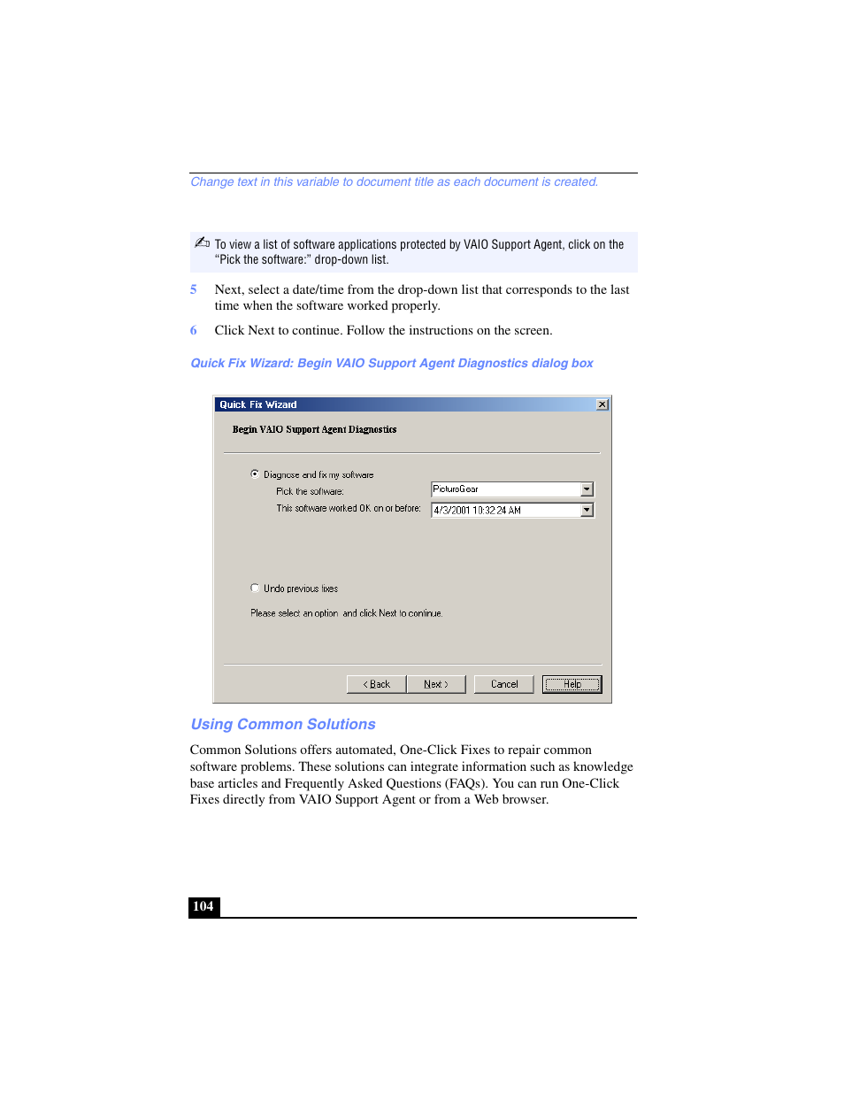 Using common solutions | Sony PCG-FX240K User Manual | Page 104 / 138