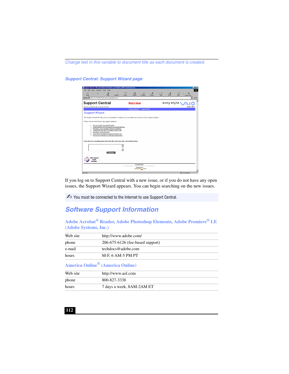 Software support information | Sony PCG-FX240K User Manual | Page 112 / 138