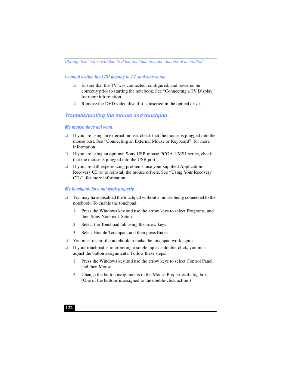 Troubleshooting the mouse and touchpad | Sony PCG-FX240K User Manual | Page 122 / 138