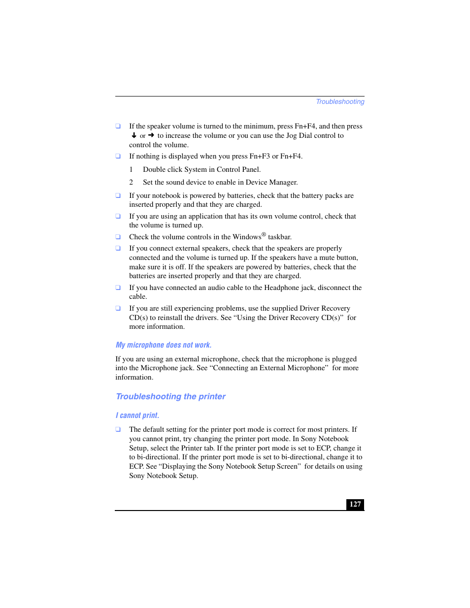 Troubleshooting the printer | Sony PCG-FX240K User Manual | Page 127 / 138